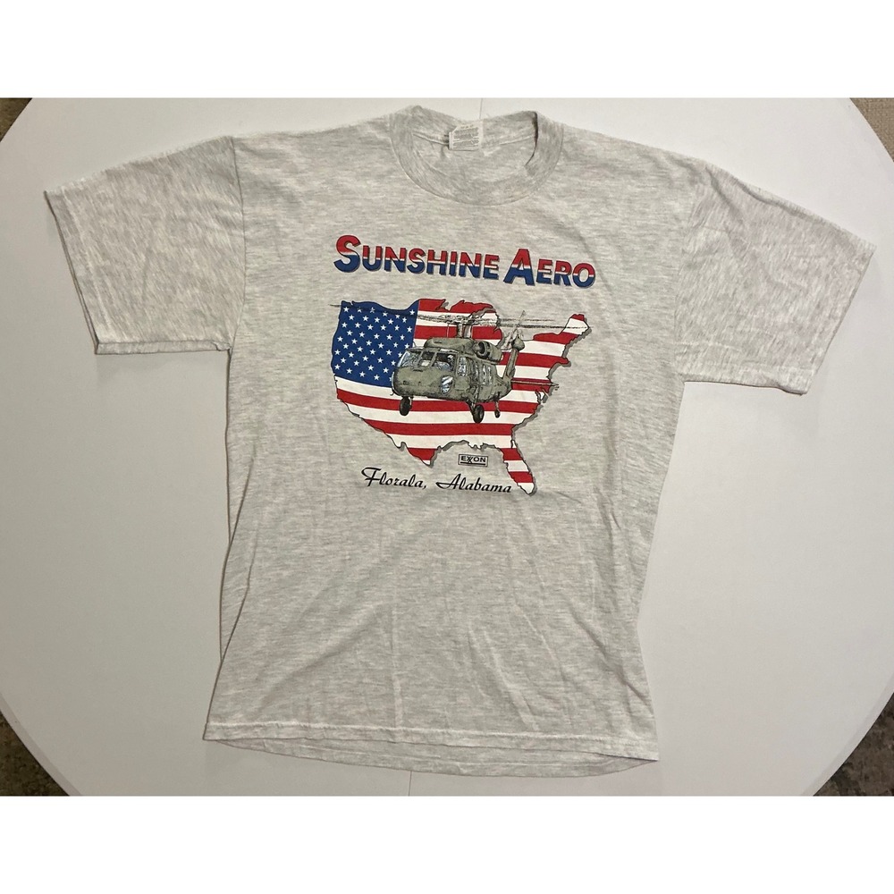 VTG Y2K Sunshine Aero Grey Helicopter Patriotic USA Flag Alabama T Shirt Mens L